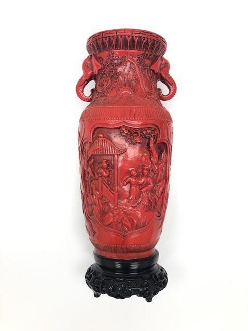 Vintage Hand Carved Resin Vase With Elephant Handles: Vintage Hand Carved Resin Vase With Elephant Handles. Beautifully Carved And Very Detailed. Height 12", View Photos For More Details.