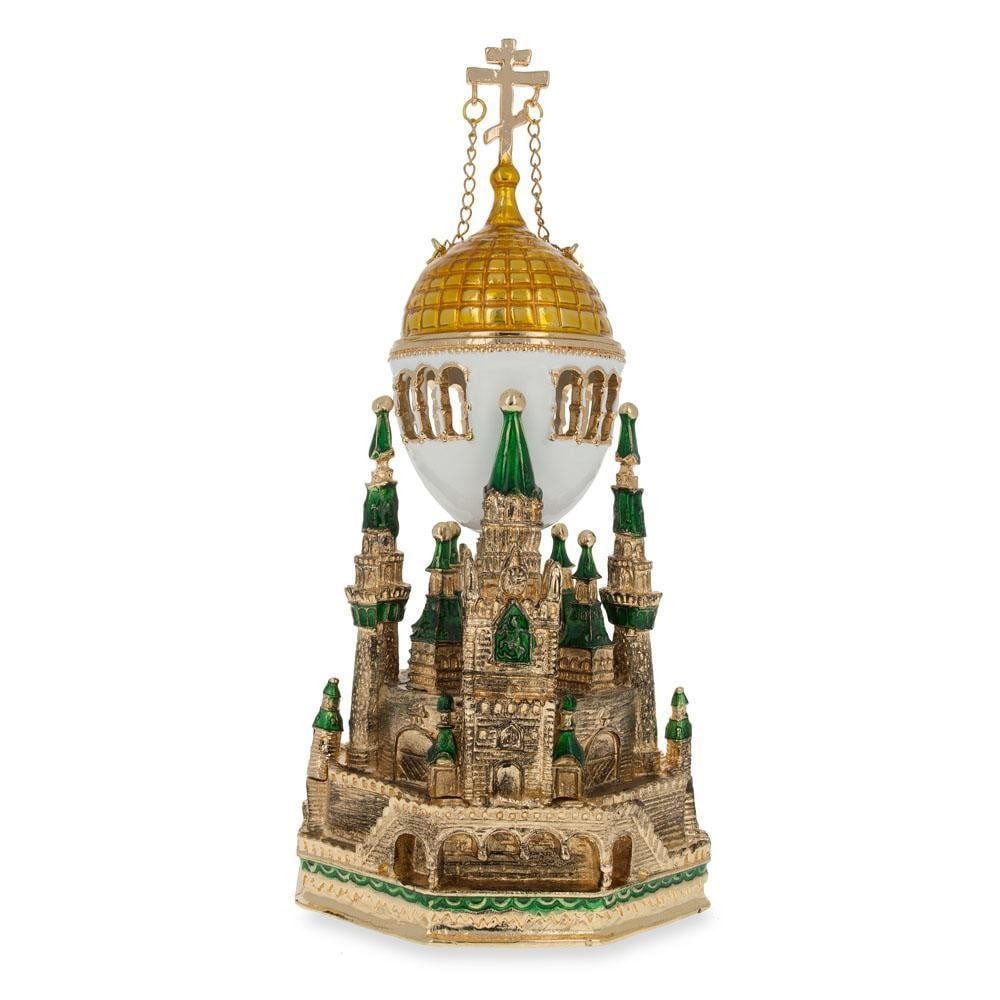 1906 Moscow Kremlin Royal Faberge Inspired Egg: 1906 Moscow Kremlin Royal Faberge Inspired Egg 6.6 Inches Tall (with the stand) x 3.2 Inches Wide16.7 cm Tall x 8.1 cm WidePlays "The Swan Lake" by TchaikovskyEnamel Gold Plated Pewter,