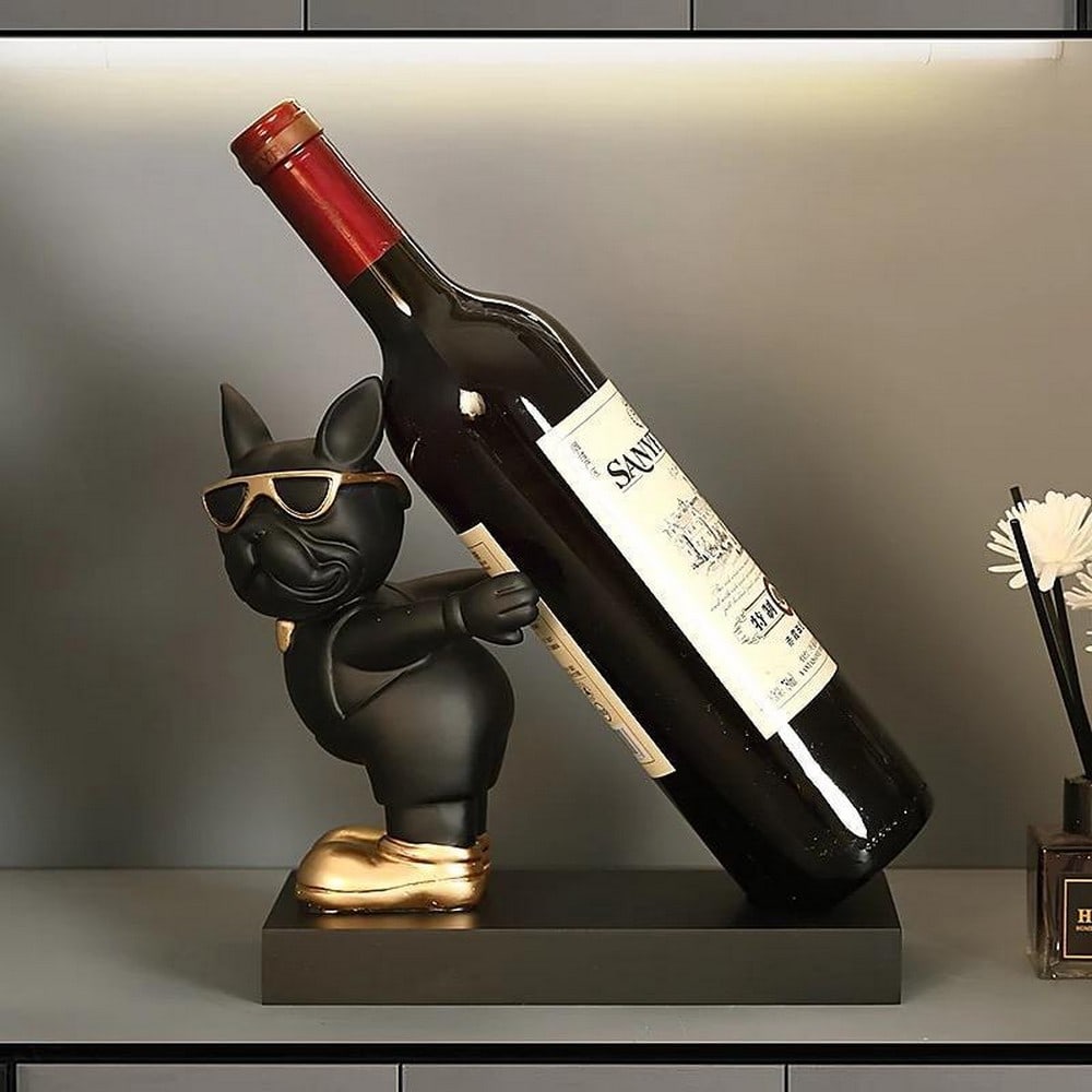 8.1" Quirky Black Bulldog Bottle Wine Holder: 8.1" Quirky Black Bulldog Bottle Wine Holder The Bulldog Wine Bottle Holder adds a captivating touch to your home or office decor. Its artistic blend of wine, canine admiration, and aesthetic