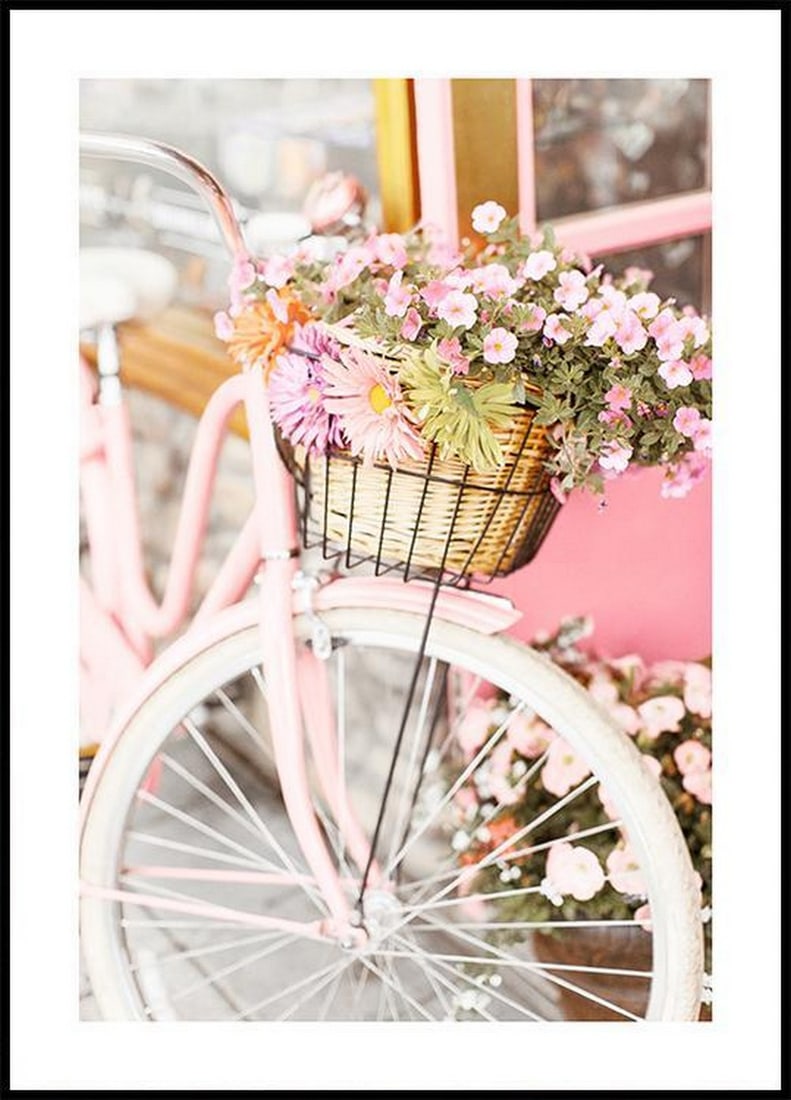 Pastel Pink Bike With Flower Basket Poster (1 of 1)