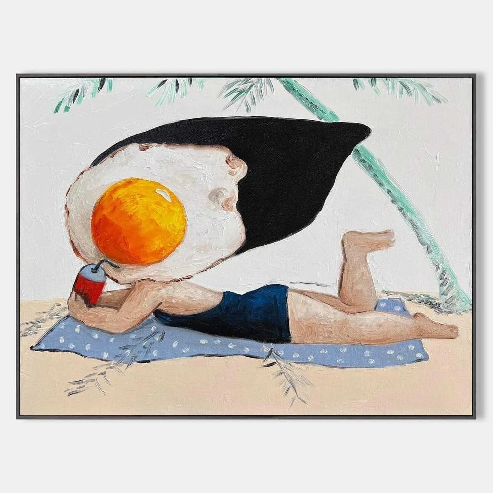 The Funny Yolk Man Pop Art Oil Canvas Painting: The Funny Yolk Man Pop Art Oil Canvas Painting Add a playful touch to your decor with "The Funny Yolk Man," a vibrant pop art oil canvas painting. This whimsical character, bursting with color