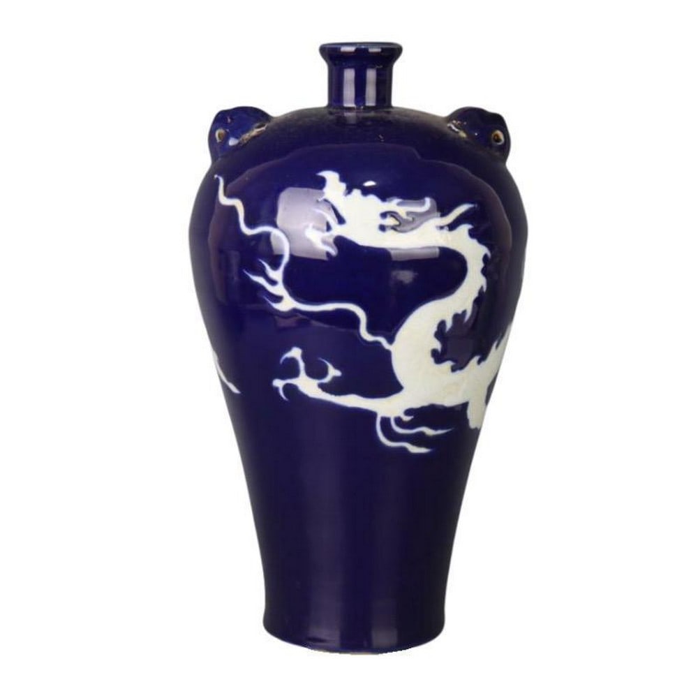 Handmade Chinese Yuan Blue Glaze Porcelain Vase With White Dragon Pattern (1 of 4)