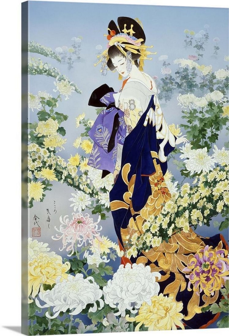 Kiku Canvas Reproduction: Kiku Canvas Reproduction By Haruyo Morita Contemporary colorful Asian art of a Geisha in beautiful ornate clothing. Width: 12 inches Height: 18 inches View photos for further details.