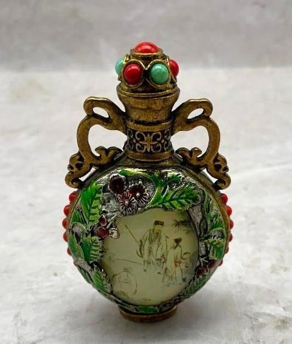 Handmade Brass Snuff Bottle with Gem Inlay, Family Portrait & Landscape Scene (1 of 10)