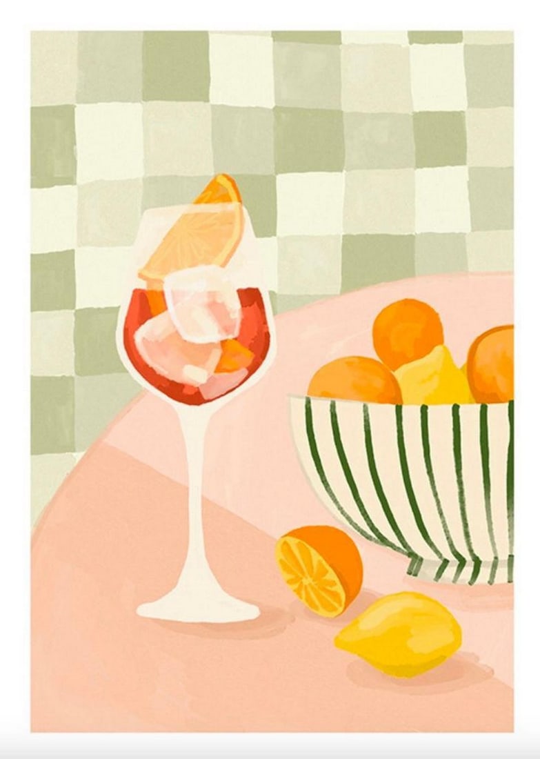Citrus Drinks Poster: Citrus Drinks Poster Illustration of a drink together with oranges and lemons in a bowl, against a green checkered background. This summery drink print is perfect either for a kitchen or living room w