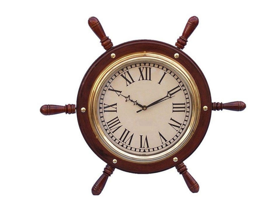 15" Nautical Timepiece with Solid Wood and Brass Ship Wheel Design: 15" Nautical Timepiece with Solid Wood and Brass Ship Wheel Design Elevate your living space with the Solid Wood & Brass Ship Wheel Clock, a 15-inch masterpiece that seamlessly blends sophisti