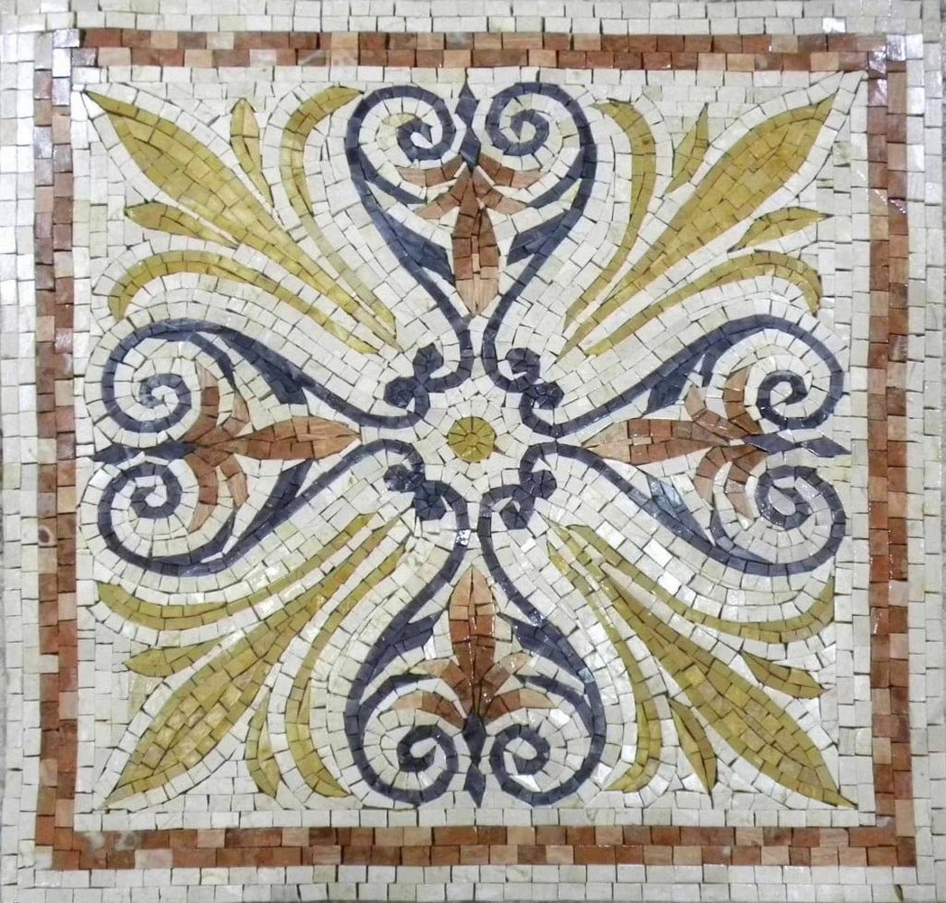 Elegant Floral Accent Mosaic: Elegant Floral Accent Mosaic A handcrafted mosaic featuring a refined floral pattern set against a soft beige background. Made from natural stone tiles, this versatile accent adds sophistication