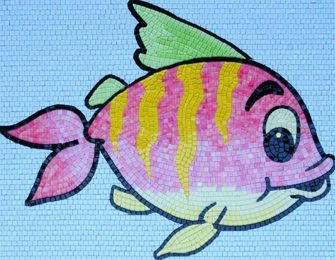 Alex the Fish Comic Mosaic: Alex the Fish Comic Mosaic A handcrafted mosaic artwork featuring Alex, a playful pink fish with bright yellow stripes, bringing a whimsical underwater charm to any space. Made from high-quality