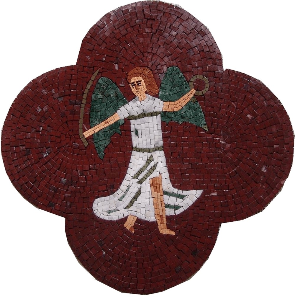 Angel Mosaic Pattern Designs: Angel Mosaic Pattern Designs A handcrafted mosaic artwork featuring a detailed depiction of an angel, made from natural stone tiles and hand-cut decorative pieces. This intricate design captures