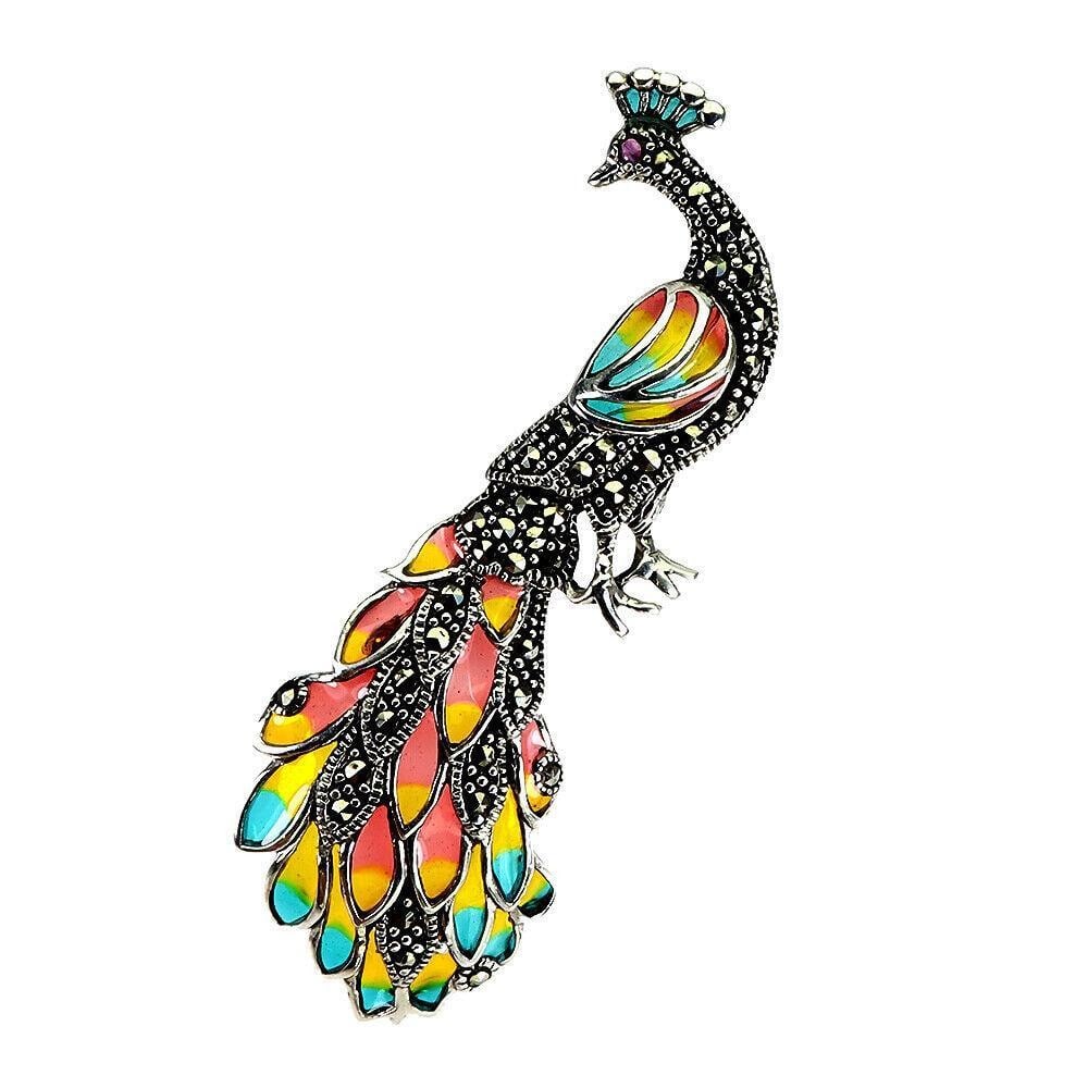 2mm Round Ruby - Marcasite & Enameled 925 Sterling Silver Peacock Brooch: 2mm Round Ruby - Marcasite & Enameled 925 Sterling Silver Peacock Brooch Dimensions: 2.5" x 1" View photos for further details.
