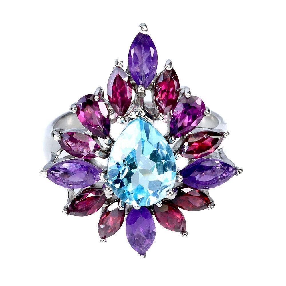 Elegant Pear Sky Blue Topaz and Amethyst Gemstone 925 Sterling Silver Ring (1 of 3)