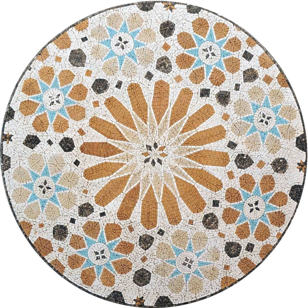 Moroccan Mosaic Medallion: Moroccan Mosaic Medallion A handcrafted square mosaic made from natural marble. This geometric design draws inspiration from traditional Moroccan tiling, combining intricate patterns with vibrant sym