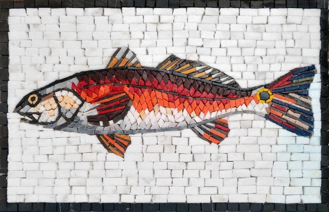 Rosso Jumping Mullet Mosaic: Rosso Jumping Mullet Mosaic A handcrafted rectangular mosaic made from natural marble. This design features a dynamic jumping mullet with vibrant colors and intricate detailing, capturing the energy
