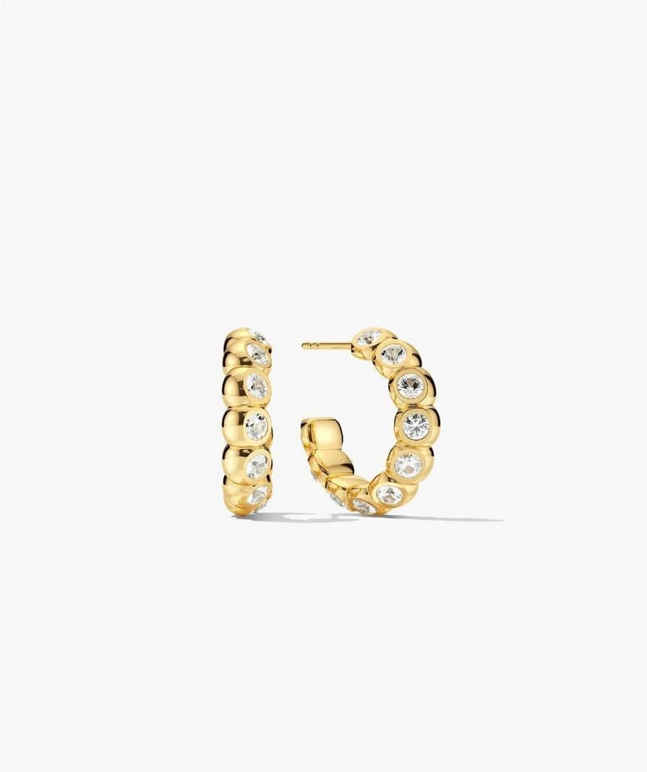 18k Gold Vermeil Lab-Grown Sapphire Hoop Earrings: 18k Gold Vermeil Lab-Grown Sapphire Hoop Earrings A classic hoop silhouette accented with round lab-grown sapphires for a refined, polished look. Lightweight enough for everyday wear and versatile