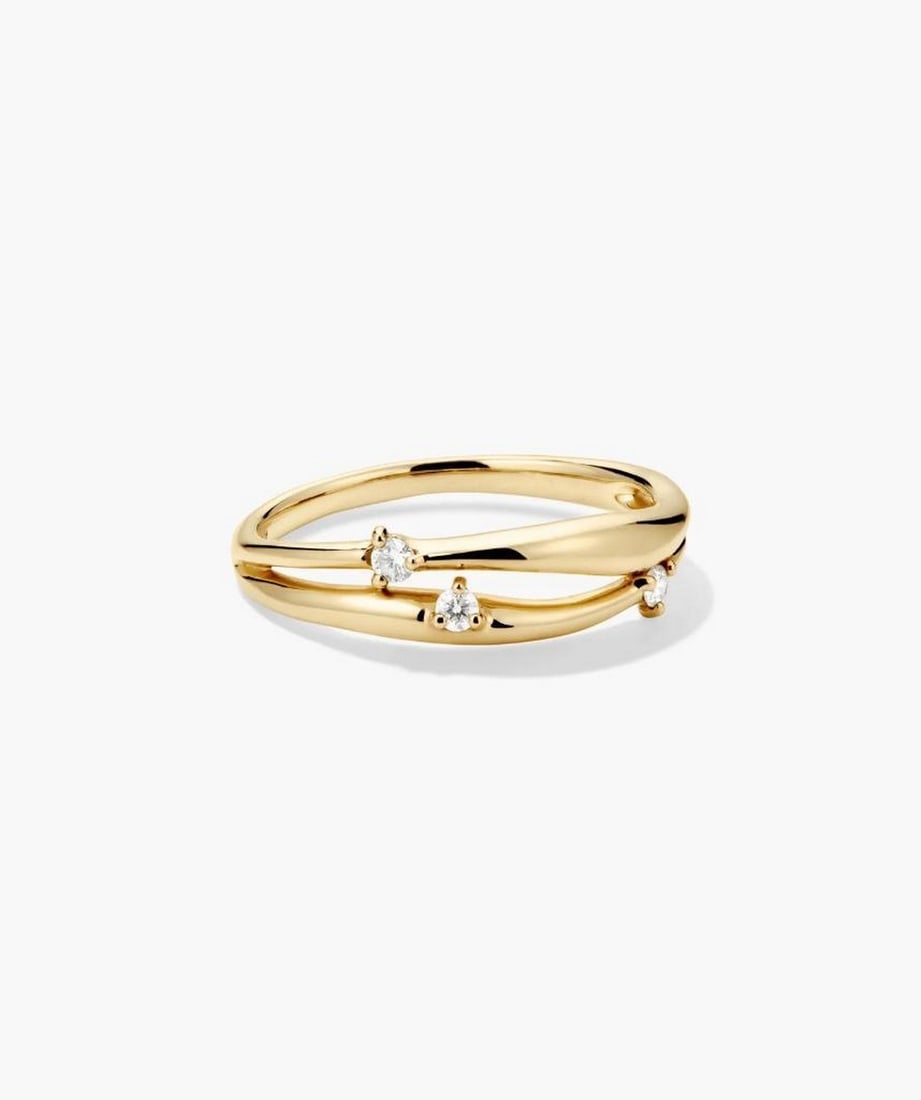 14k Salmon Gold Three Stone Open Ring: 14k Salmon Gold Three Stone Open Ring A split band design in 14k salmon gold featuring three lab-grown diamonds for a subtle, refined shimmer. Crafted with fully traceable salmon gold and net-zero