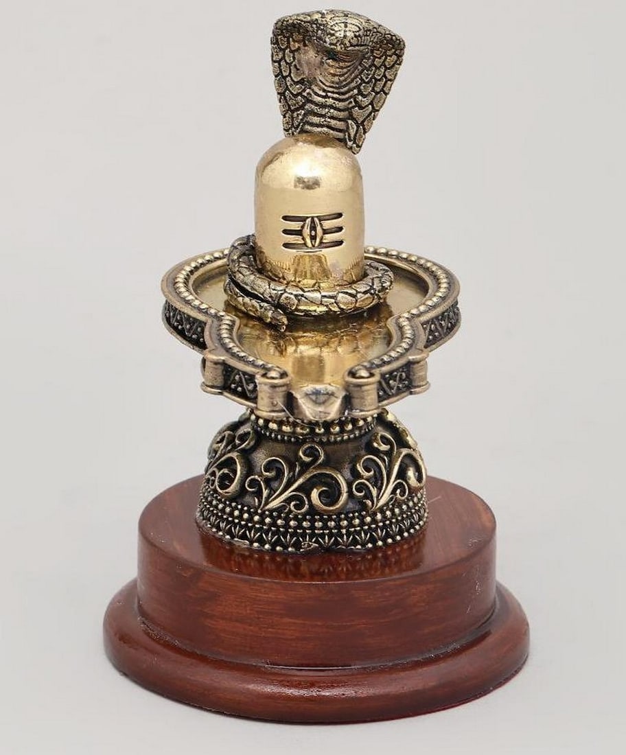 5" Brass Shiva Lingam with Vasuki Serpent on Wooden Base (1 of 4)