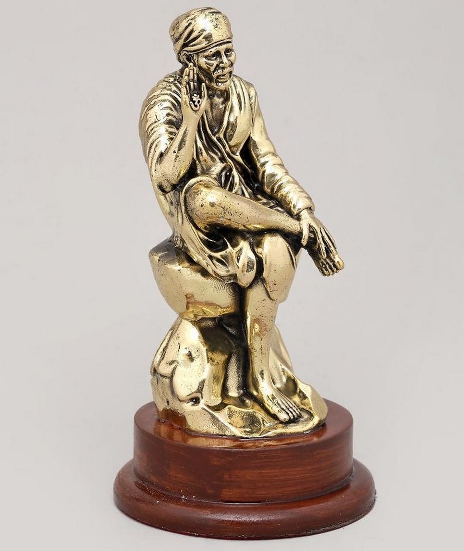5" Brass Idol of Saint Sai Baba Seated on Wooden Base (1 of 4)