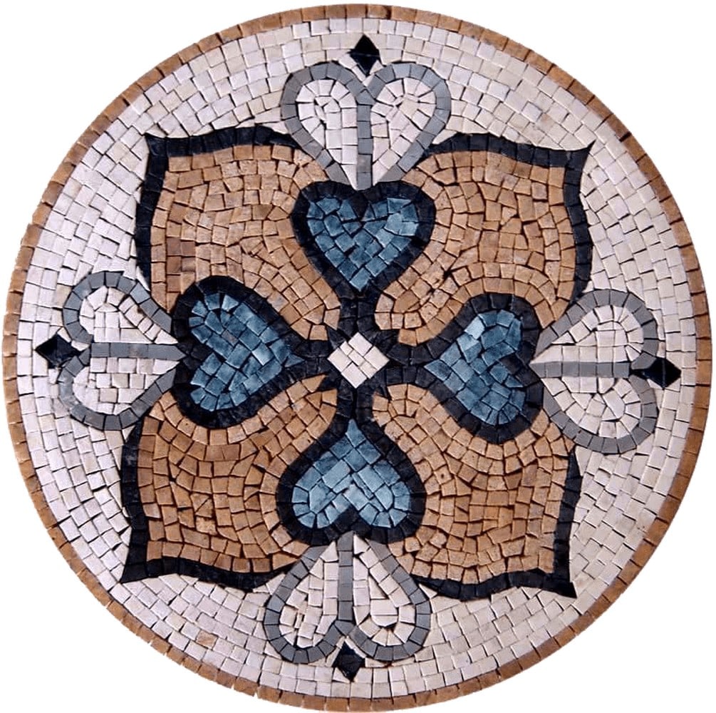 4Petals Geometric Floral Medallion Mosaic: 4Petals Geometric Floral Medallion Mosaic A handcrafted marble mosaic featuring an elegant four-petal floral motif arranged in a balanced geometric medallion. Made from 100% natural stone tiles, this