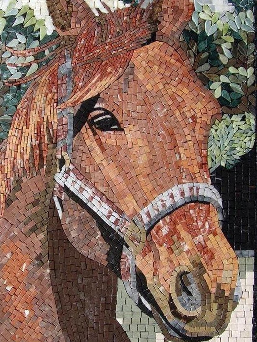 Horse Marble Mosaic Panel: Horse Marble Mosaic Panel A handcrafted square mosaic made from natural marble stones. This design features a majestic horse motif with detailed features, mounted on a mesh backing. Suitable for