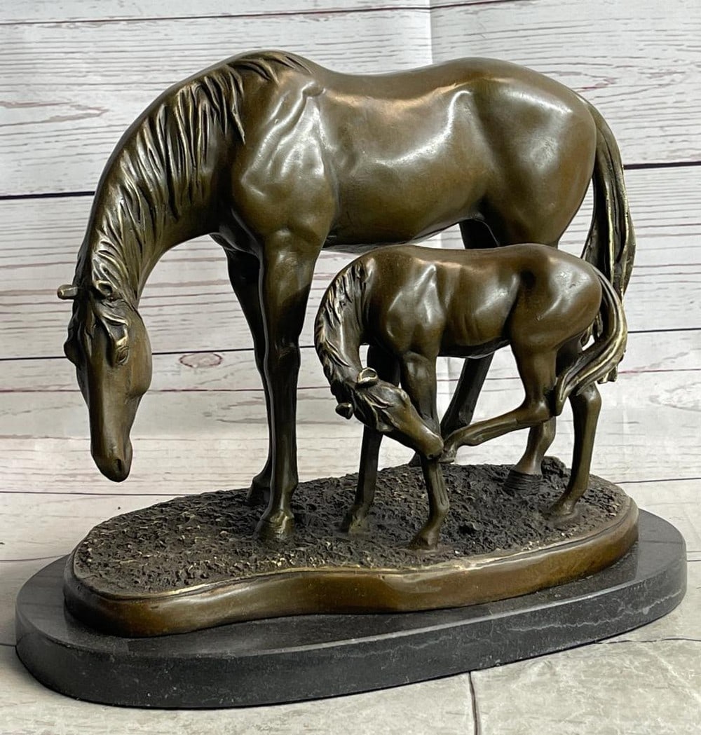 Signed Original Mare & Foal Bronze Sculpture On Marble Base - 11" x 13": Signed Original Mare & Foal Bronze Sculpture On Marble Base - 11" x 13" The mother mare, though legs wobbling, excitedly bends her neck down to touch nose`s with her newborn creation.