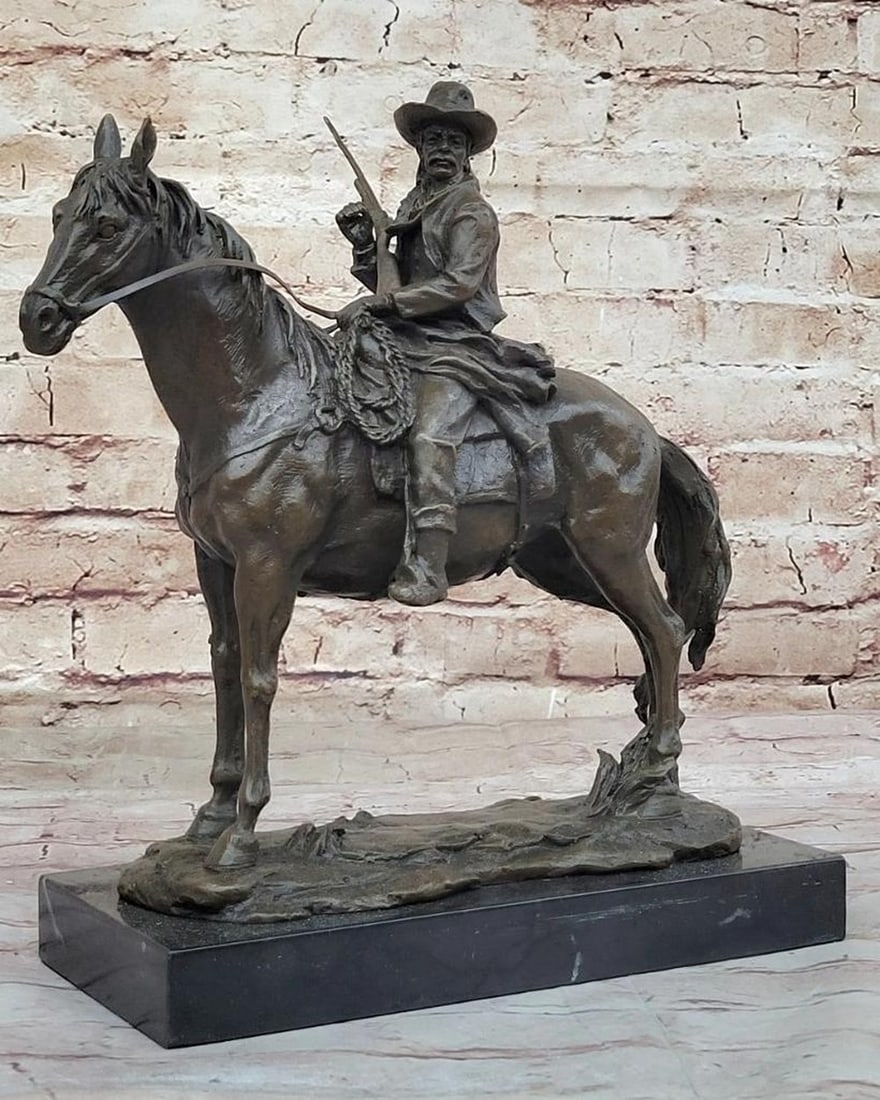 Wild West Charge Bronze Cowboy and Steed Inspired Sculpture Signed by Remington - 12" x 12" (1 of 8)