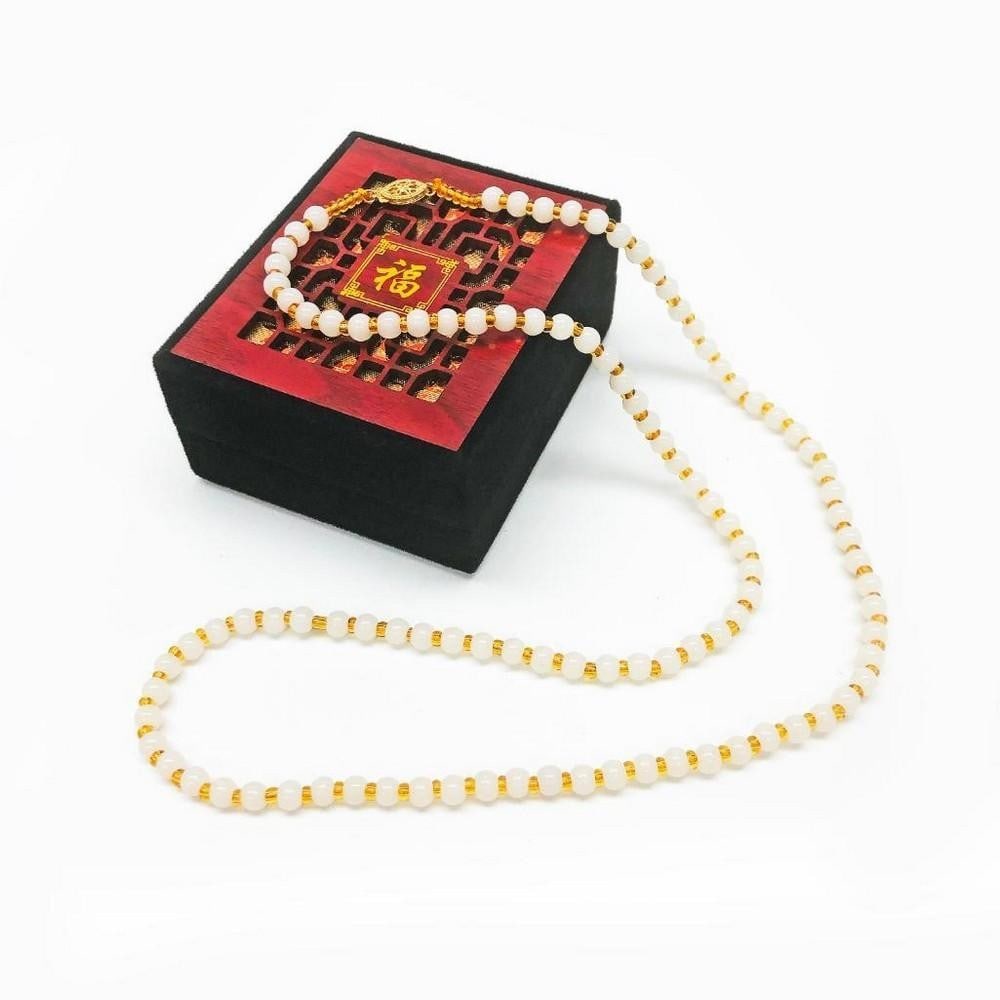 Asian White Jade Necklace 14k Gold Plated Clasp With: Asian White Jade Necklace With 14k Gold Plated Clasp which comes with a Chinese Window Shade Box. See photos for further details.