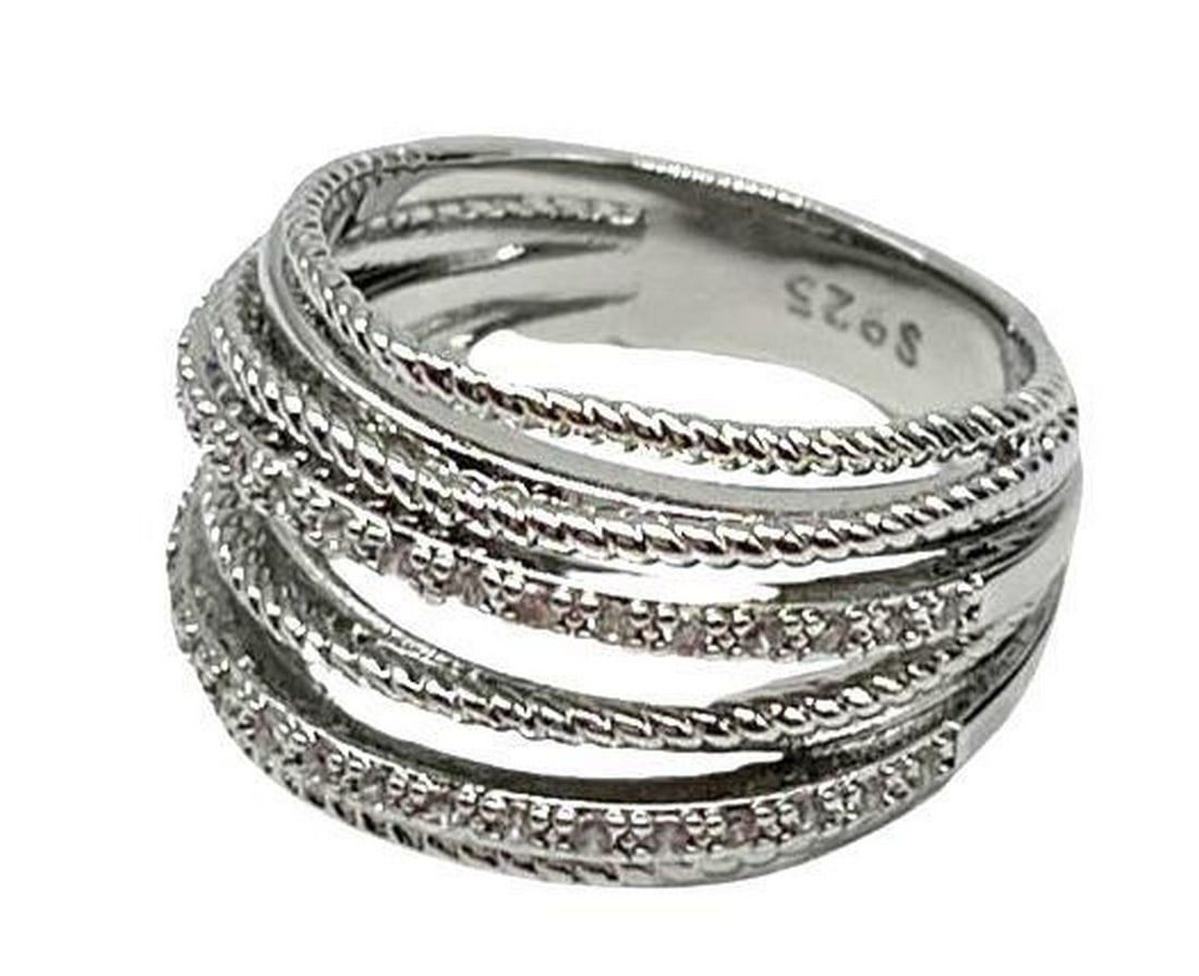 Sterling Silver Layered Band Ring: Sterling Silver Layered Band Ring This sophisticated sterling silver ring features multiple intertwined bands, creating a layered, textured look. Its modern yet timeless design makes it a