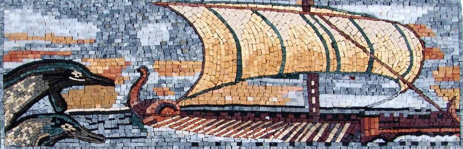 Greek Ship Mosaic Border: Greek Ship Mosaic Border A handcrafted rectangular mosaic made from natural marble. This design features a detailed Greek ship nautical motif, capturing the essence of maritime history and artistry.