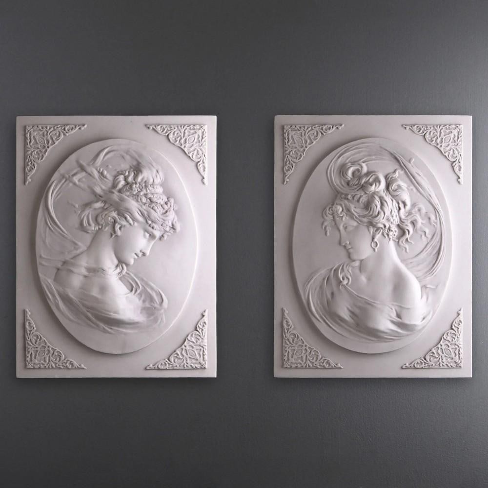 Regal Profiles: Pair of Lady Head Bas-Relief Portraits - 16" x 11.7": Regal Profiles: Pair of Lady Head Bas-Relief Portraits - 16" x 11.7" Introducing our "Regal Profiles: Pair of Lady Head Bas-Relief Portraits." This exquisite set features two charming