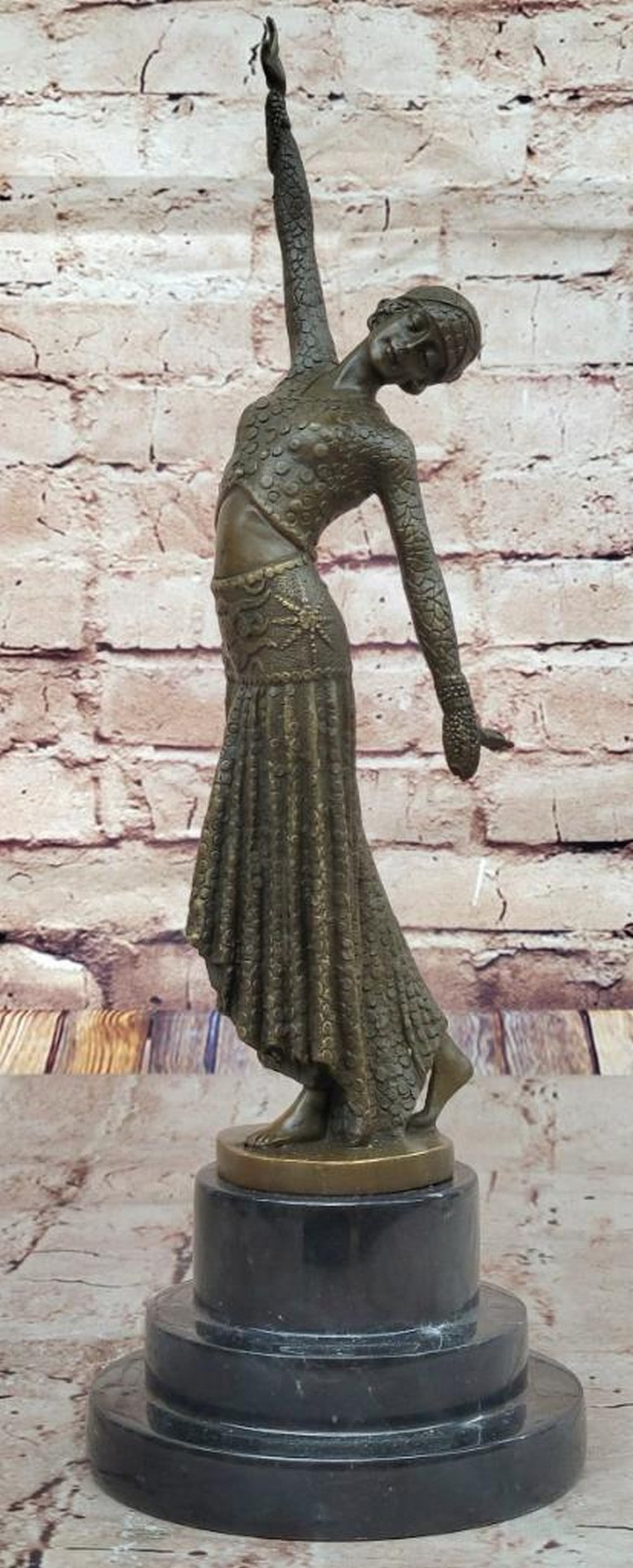 Art Deco Bronze Dancer Sculpture by Chiparus – Flowing Gown on Marble Base – 15" x 5": Art Deco Bronze Dancer Sculpture by Chiparus – Flowing Gown on Marble Base – 15" x 5" This exquisite bronze sculpture captures the grace and elegance of a dancer in motion. The figure feat