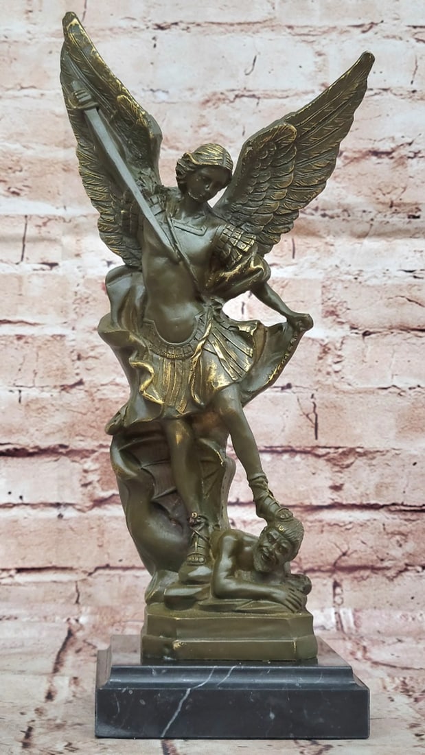 Archangel Saint Micheal Standing Over Slain Lucifer Inspired Bronze Statue - 12.5" x 6" (1 of 6)