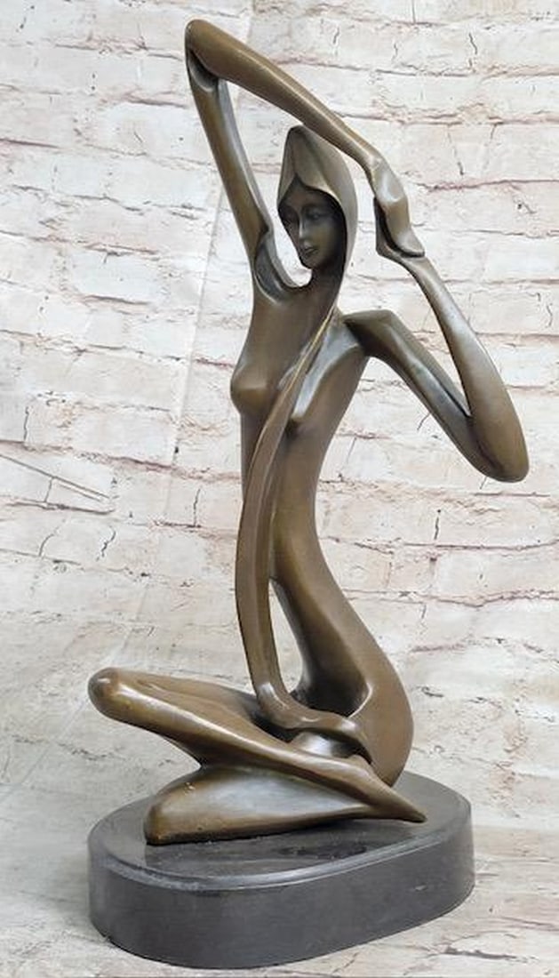 Large Abstract Nude Female Bronze Figure Sculpture: Large Abstract Nude Female Bronze Figure Sculpture Boldly modern and evocative, this bronze sculpture features an abstract nude female figure seated in a contemplative pose, her limbs elongated with