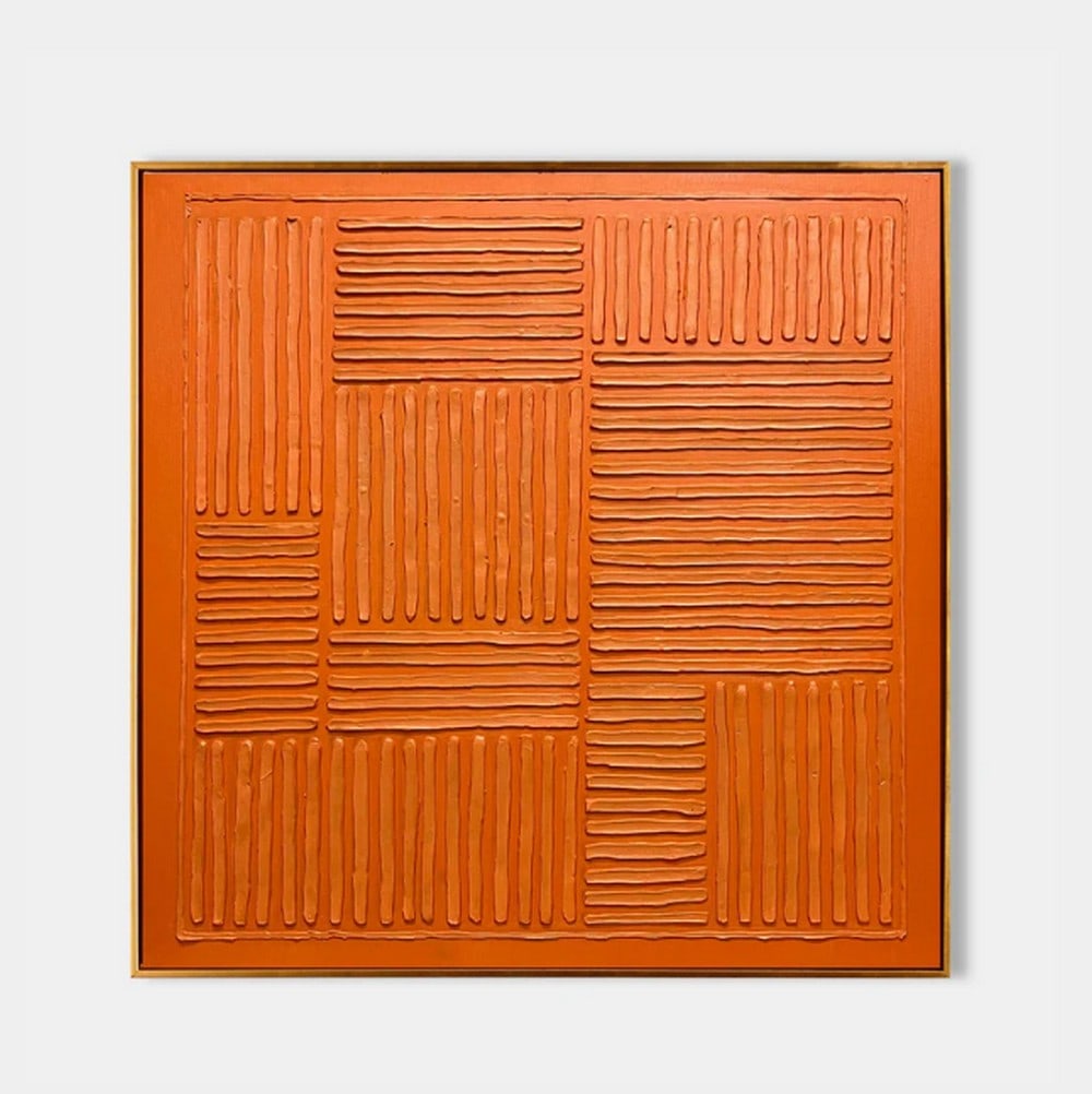 Geometric Orange Abstract Art Canvas Painting: Geometric Orange Abstract Art Canvas Painting This painting features a striking geometric design composed of various rectangular sections, each filled with parallel lines. The artwork is predominantly