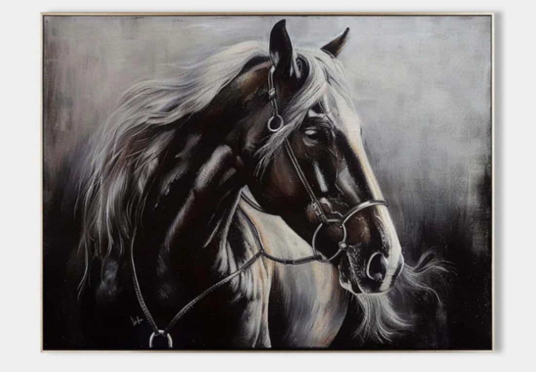 Majestic Equine Elegance Canvas Painting: Majestic Equine Elegance Canvas Painting This painting captures the powerful yet graceful presence of a horse with a sleek black coat and a flowing white mane. The artist expertly renders the details