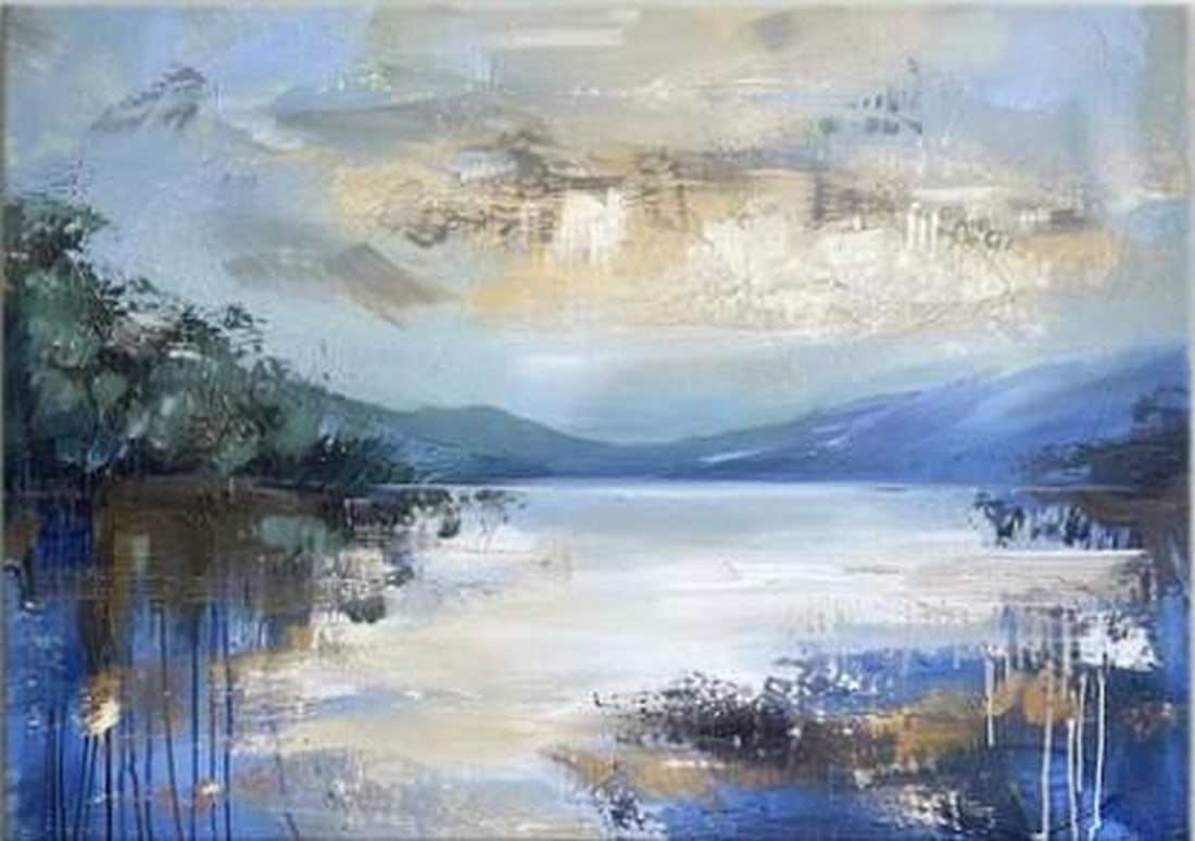 Beyond the Silence: Beyond the Silence Beyond the Silence is a sweeping abstract landscape rendered in deep and serene shades of blue. Layered brushwork and soft gradients evoke distant horizons, open skies, and calm