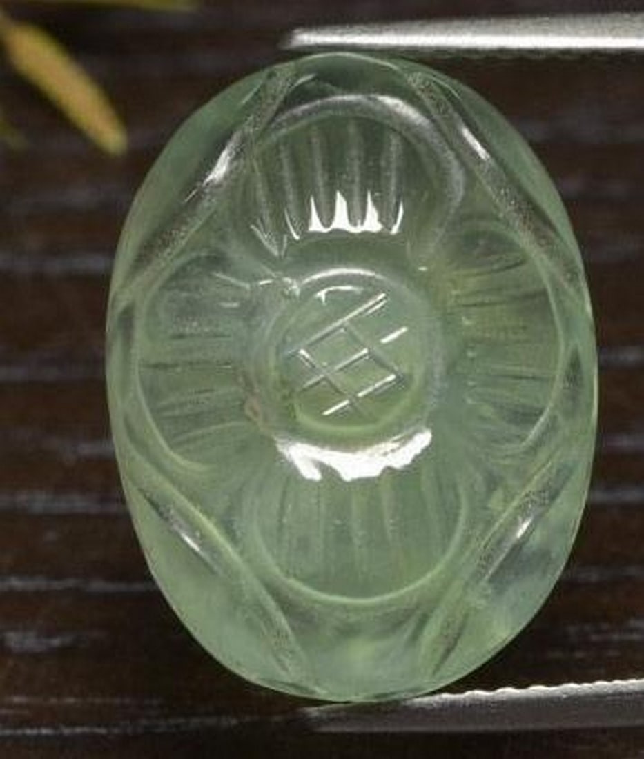 Prehnite Flower Carving Warm Green Oval Cabochon Gemstone (1 of 2)