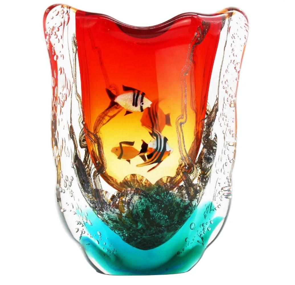Sunset Aquarium Murano Glass Vase with Tropical Fish: Sunset Aquarium Murano Glass Vase with Tropical Fish This stunning glass vase aquarium sculpture is crafted using the intricate "sommerso" technique. Handmade with precision, the process