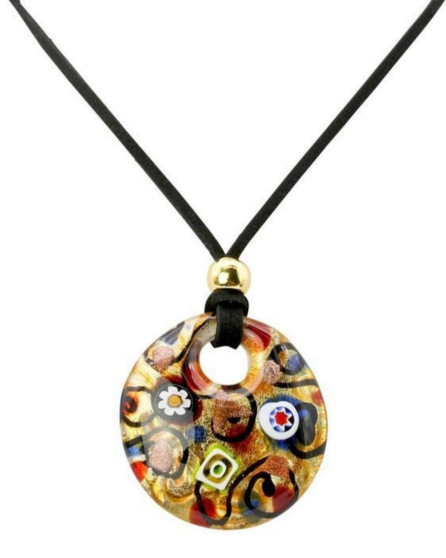 Murano Fused Glass Pendant with 24K Gold Leaf: Murano Fused Glass Pendant with 24K Gold Leaf A luminous expression of Venetian artistry, this handmade Murano glass pendant is crafted using the fusion glass technique and enriched with delicate
