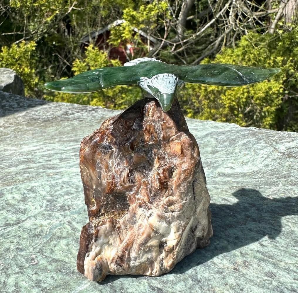 Eagle on Petrified Wood Base – Canadian Nephrite Jade (1 of 3)