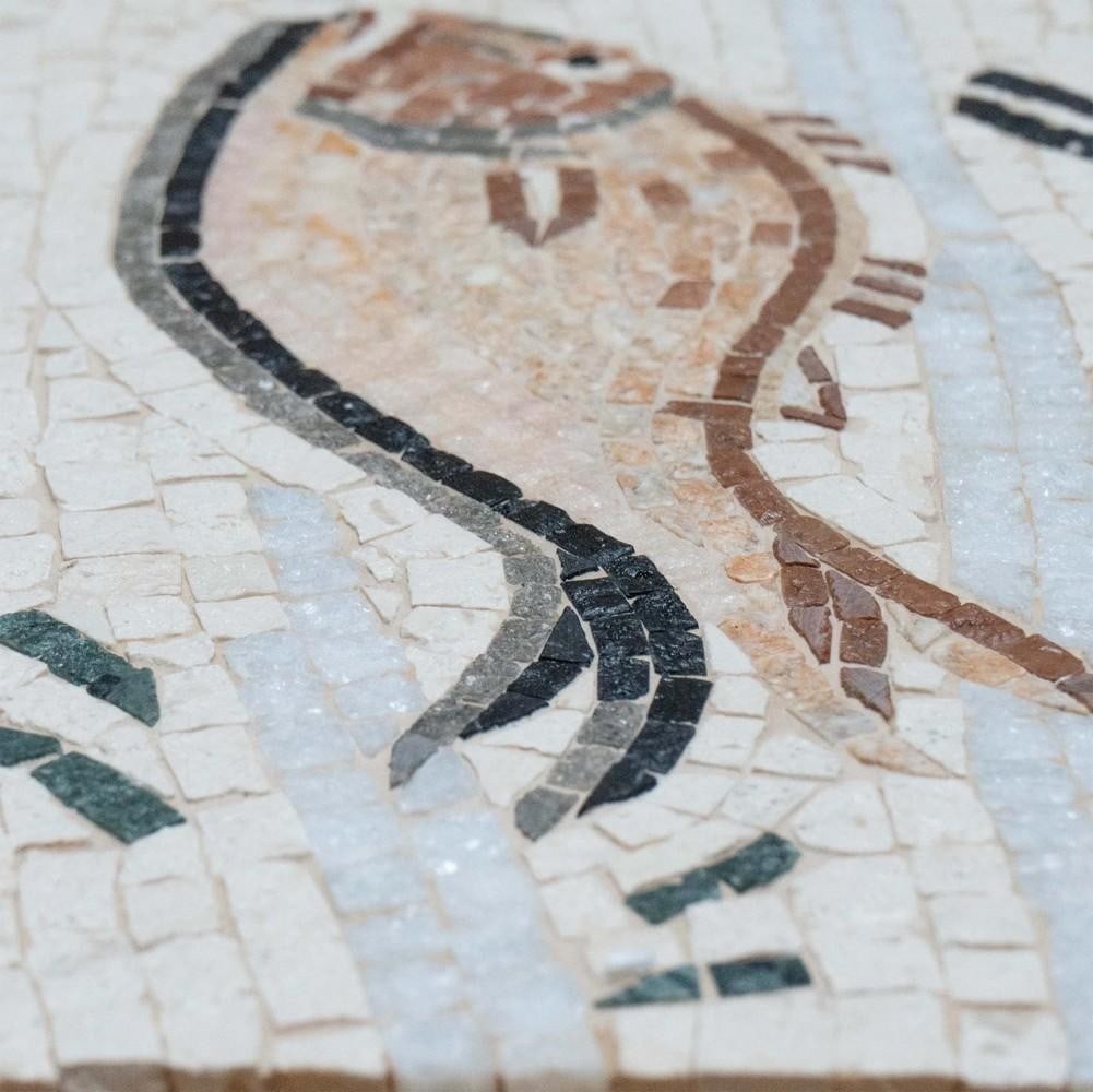 Impluvium: Ancient Waters Mosaic: Impluvium: Ancient Waters Mosaic Impluvium: Ancient Waters Mosaic is a striking, hand-crafted marble piece inspired by classical Roman design. Featuring vibrant fish motifs arranged in a harmonious