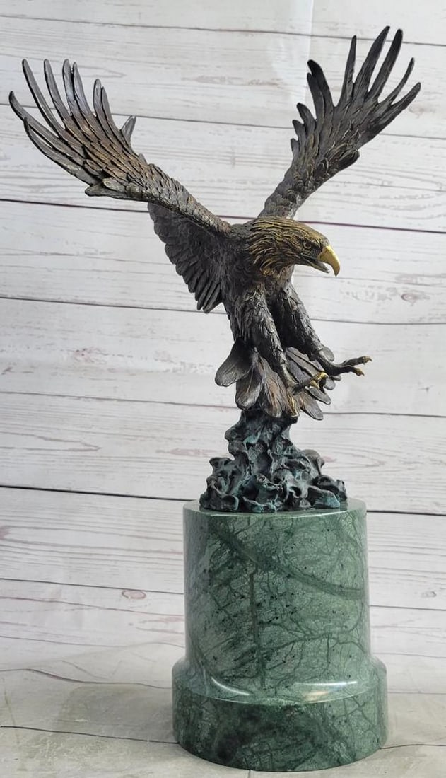 Signed Original Hunting American Bald Eagle Bronze Sculpture On Green Marble Base - 19" x 11" (1 of 8)