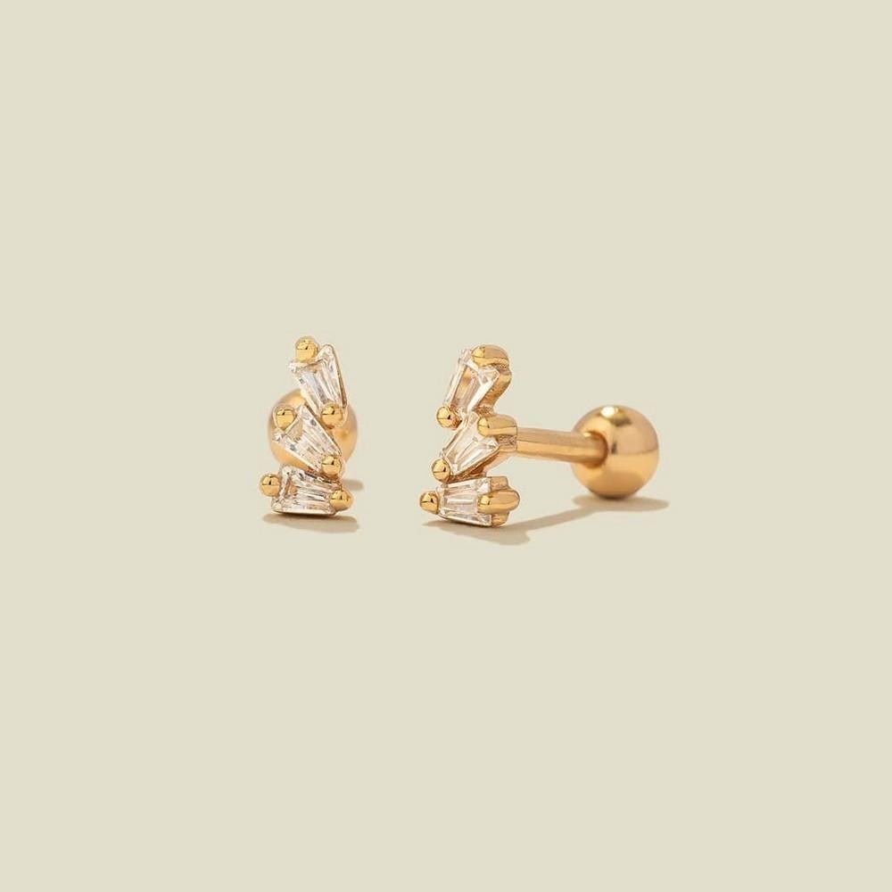 Triple Baguette CZ Stud Earrings – Gold Vermeil: Triple Baguette CZ Stud Earrings – Gold Vermeil Pair of stud earrings featuring three prong-set cubic zirconia baguettes arranged vertically. Each earring includes a 6mm post with a 1mm (18g)