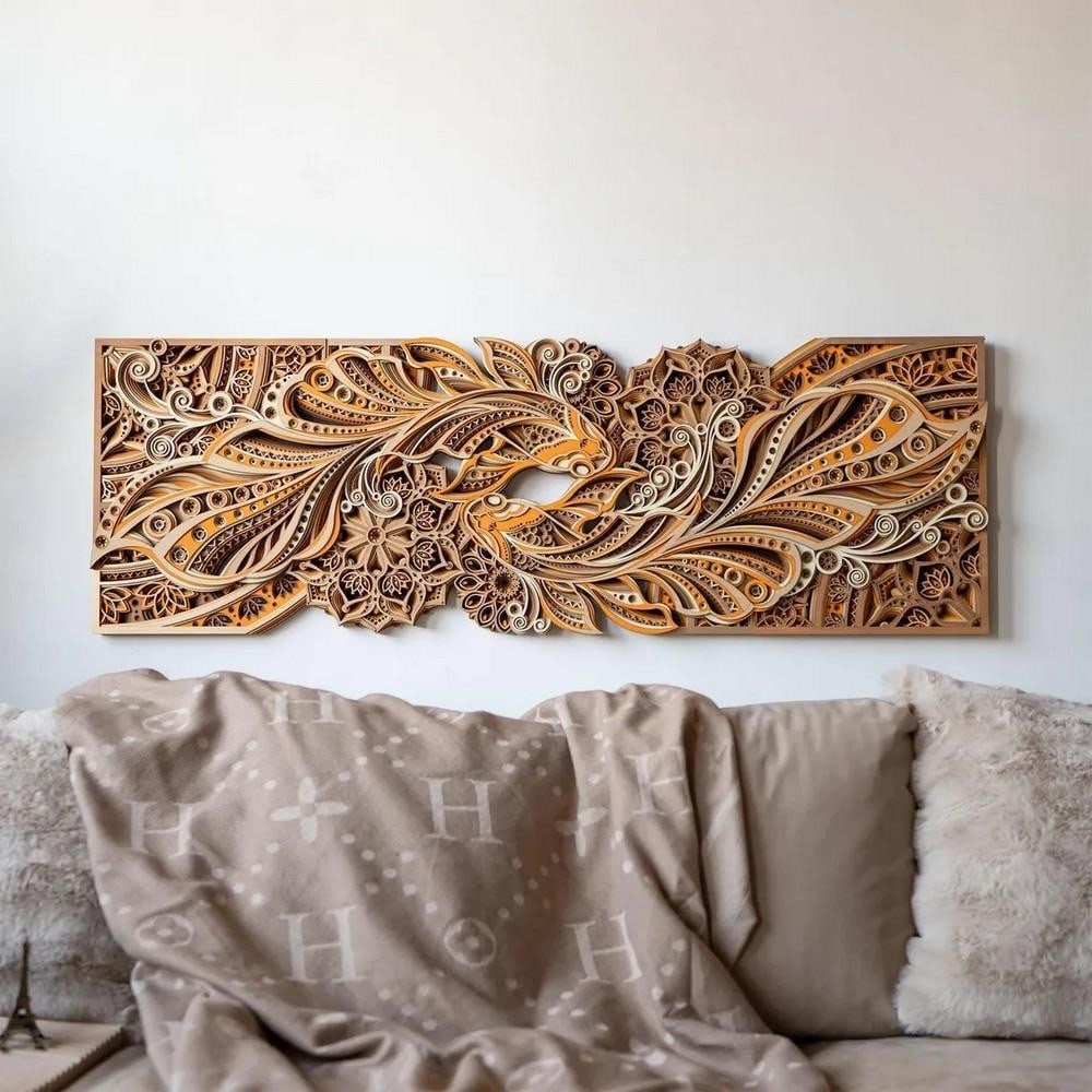 Dancing Koi Layered Wood Wall Art: Dancing Koi Layered Wood Wall Art Inspired by the elegance of koi fish, this multi-layered wooden sculpture blends traditional artistry with geometric precision. Laser-cut from MDF and
