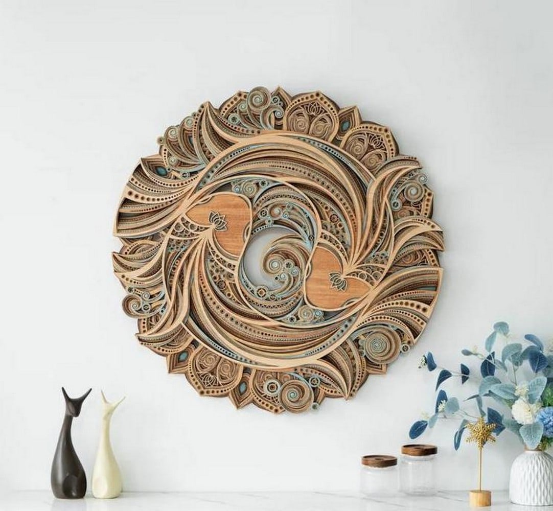 Koi & Lotus 3D Layered Wood Wall Art: Koi & Lotus 3D Layered Wood Wall Art This exquisite multi-layered wooden wall art captures the harmony of koi fish and lotus flowers in a mesmerizing geometric design. Precision laser-cut and