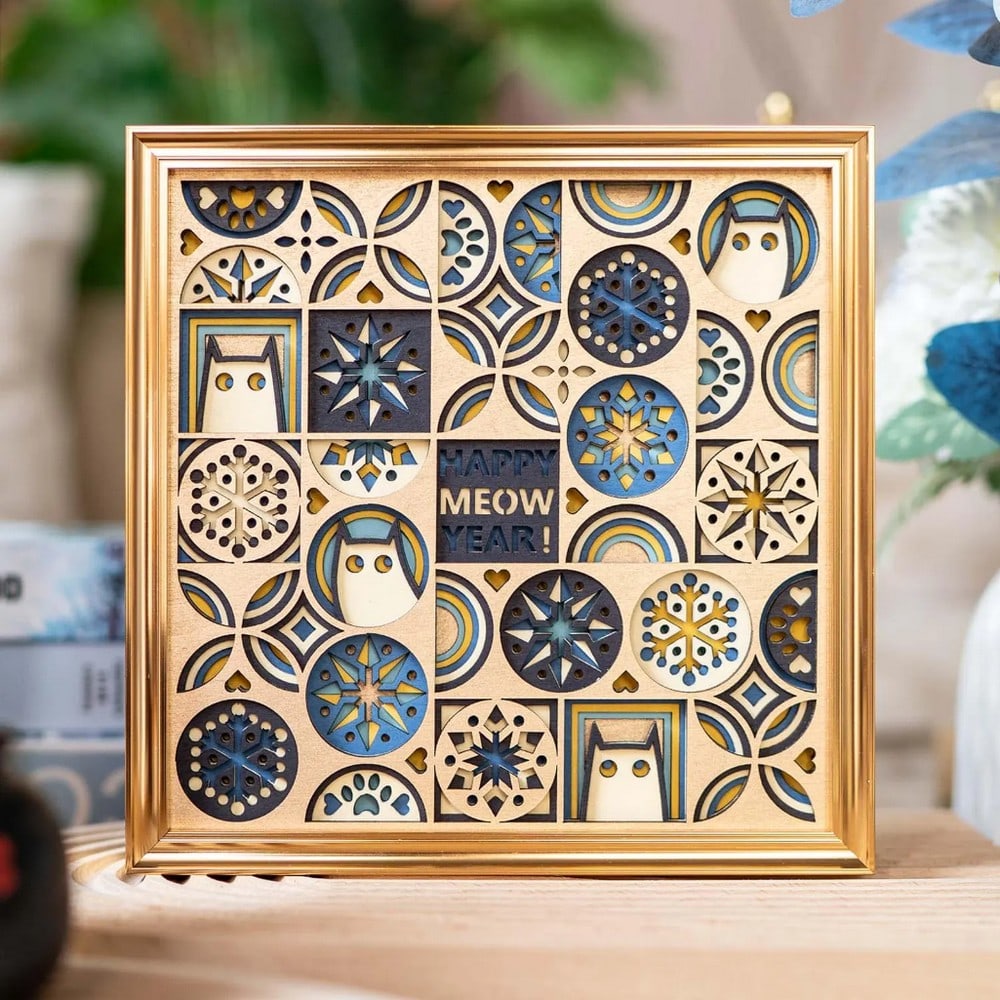 New Year Cat Multi-layer Laser Cut Wood Carving: New Year Cat Multi-layer Laser Cut Wood Carving Ring in the New Year with this delightful multi-layer wooden artwork, showcasing a lucky cat surrounded by festive symbols. Crafted to bring joy,