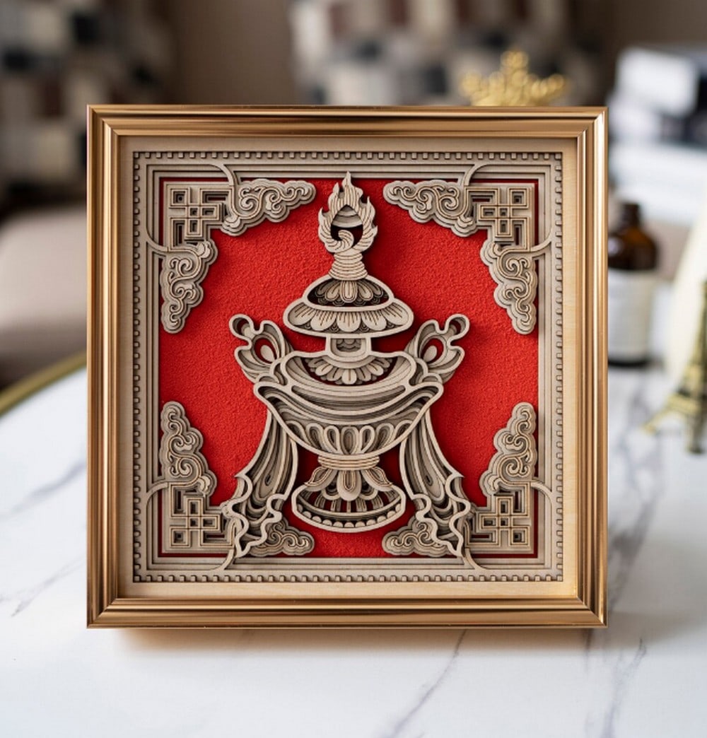 Kalasha Multi-layer Laser Cut Wood Carving: Kalasha Multi-layer Laser Cut Wood Carving This multi-layer wood art adds a graceful and unique touch to your home. With intricate, detailed patterns, it provides a captivating visual experience.