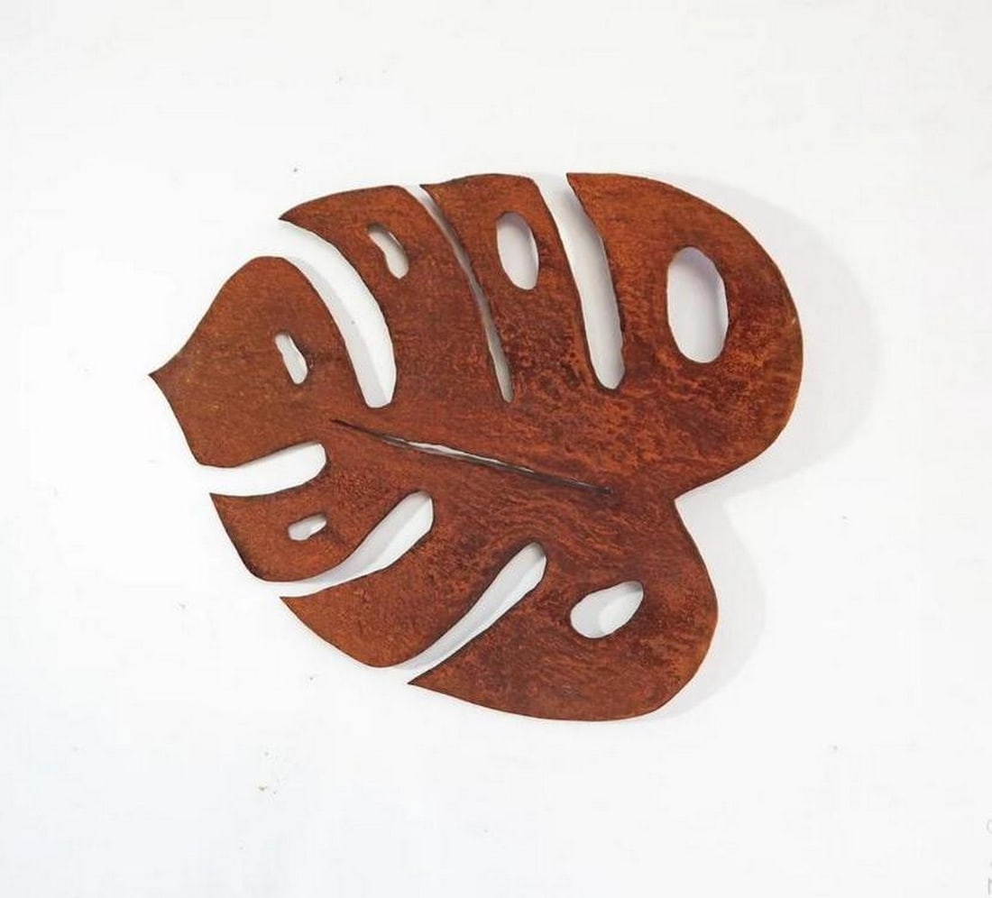 Corten Steel Metal Sheet Sculpture with Monstera Plant Leaf (1 of 5)