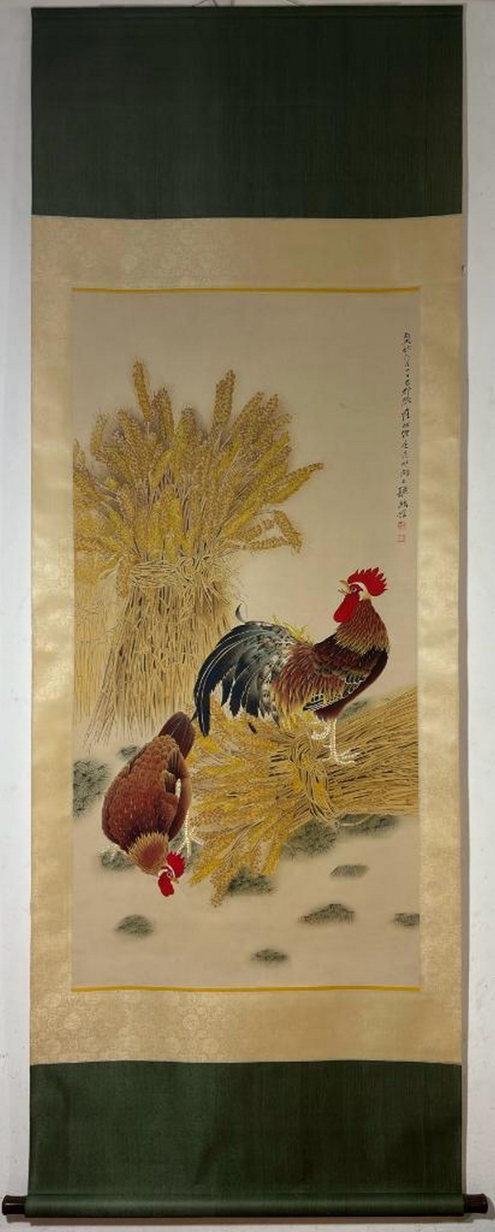 Auspicious Cocks with Harvest Bundle Inspired Scroll Painting (1 of 7)