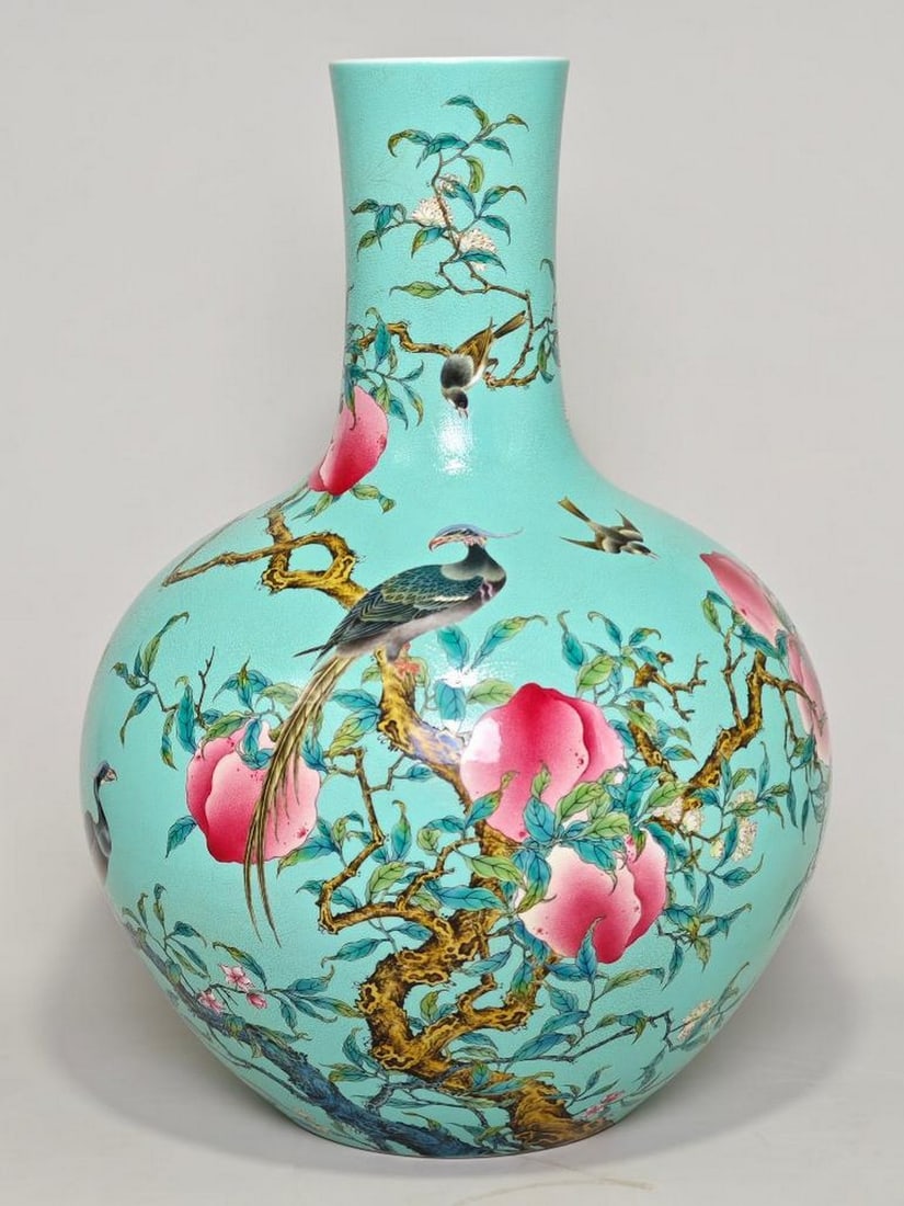 Yongzheng Mark Turquoise Ground Enamel Floral Birthday Scene Ball Vase (1 of 9)