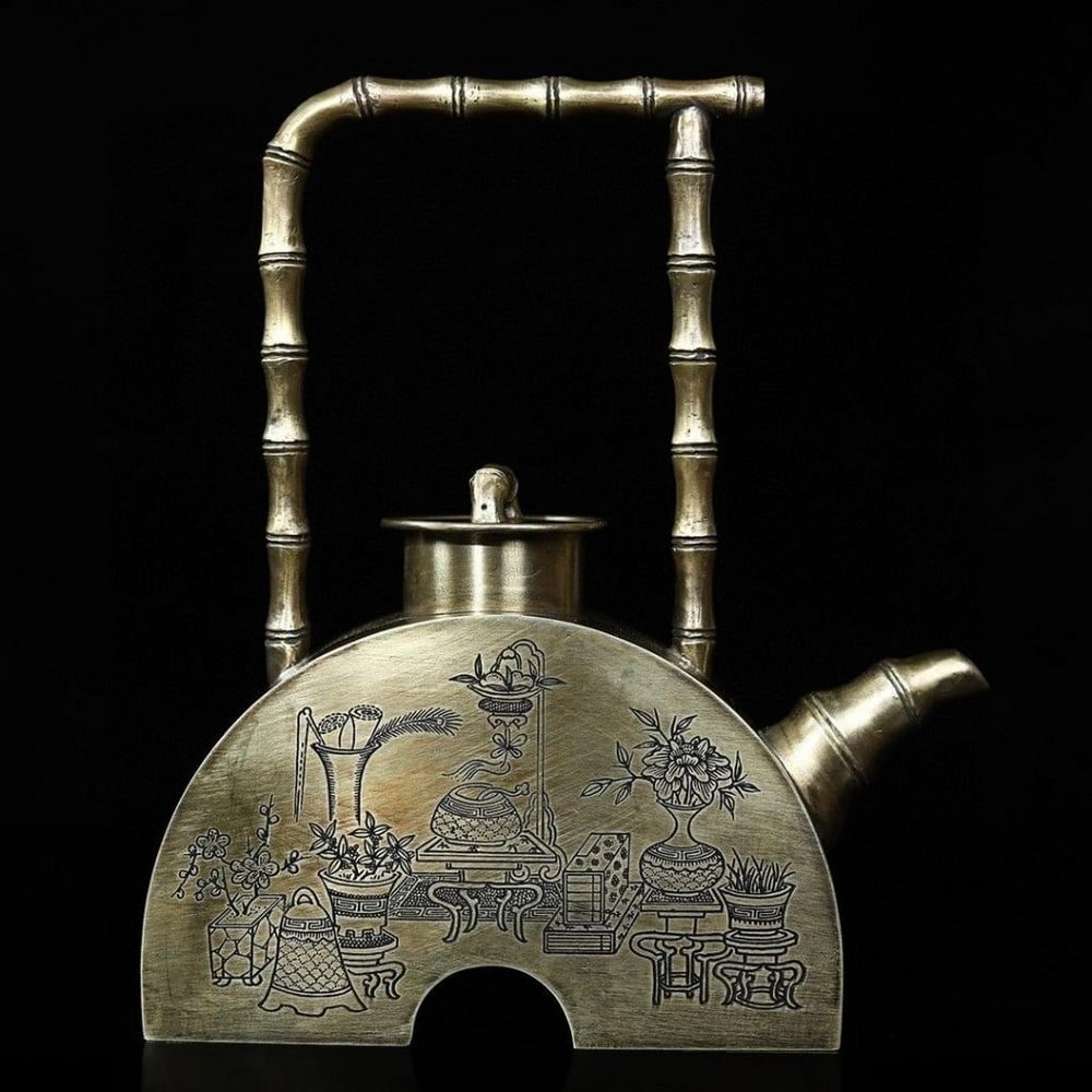 Antique White Copper Engraved Lion and Hydrangea Pot with Bamboo Handle (1 of 9)